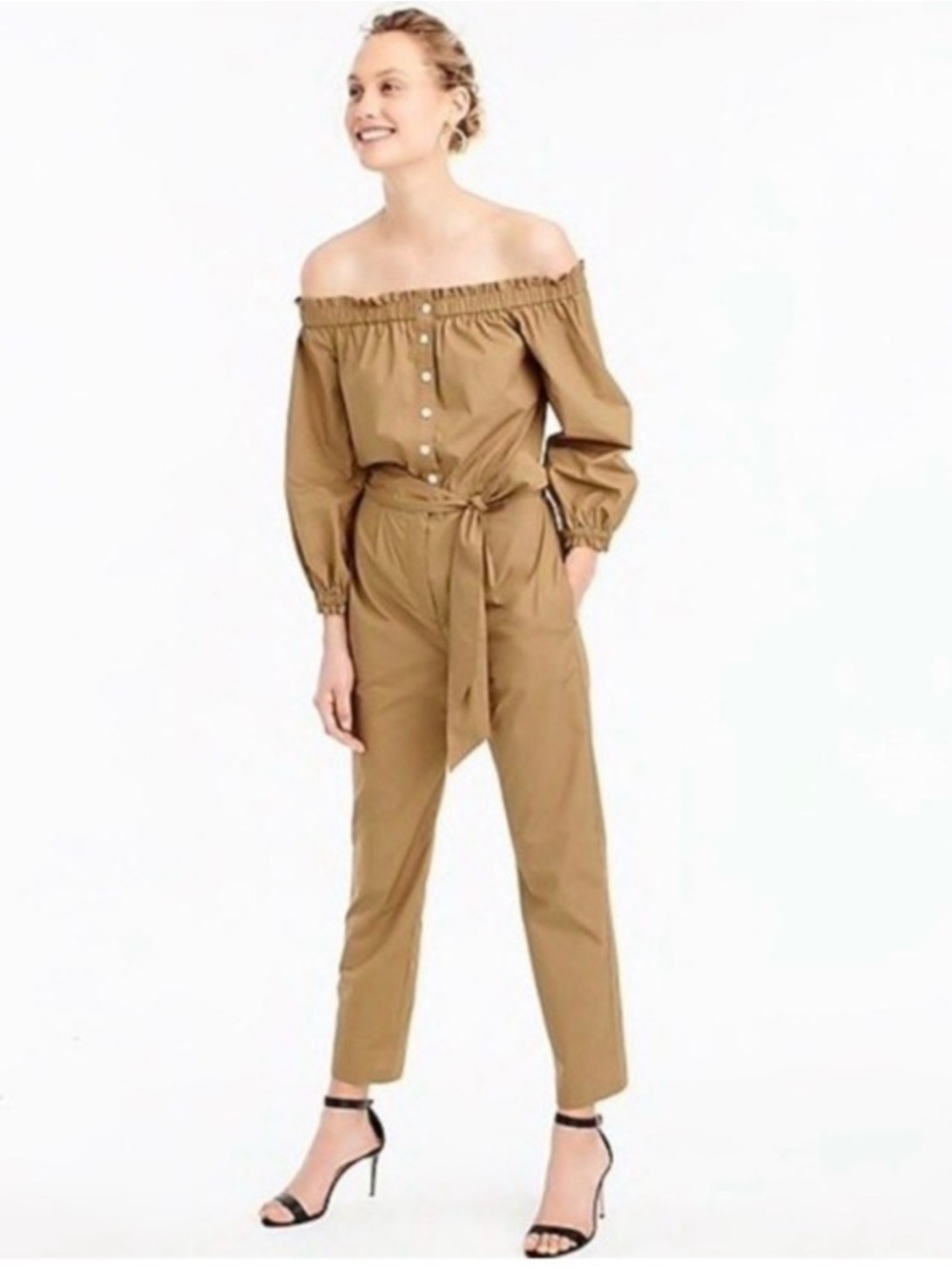 NWT J. Crew Off-Shoulder Belted Jumpsuit in Camel/Tan. Not line and has pockets